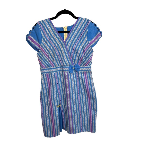 Vintage Retro Blue Quilted Striped Bow Dress with Cut Out Sleeve Small / Medium - Picture 1 of 11